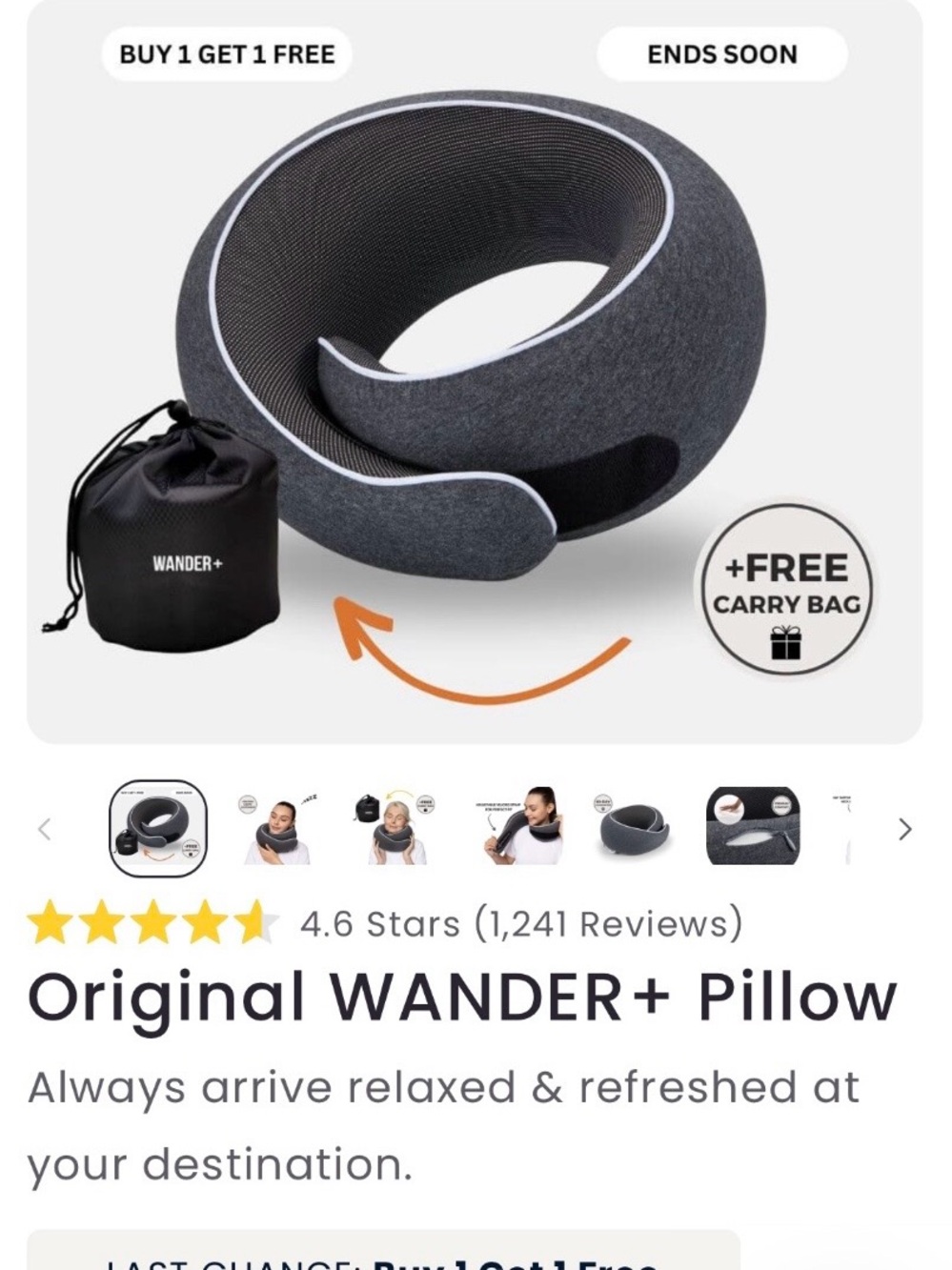 Wander Gray Travel Neck Pillow with Free Carry Bag